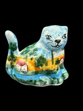 Vintage Florence Italy Hand Painted Ceramic Cat Figurine Signed By Artist